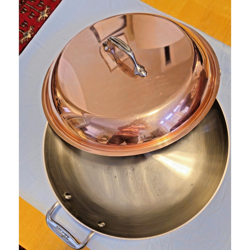 Vtg All Clad Cop R Chef 13" Braiser Pan Wok w/Lid, copper stainless lightly used